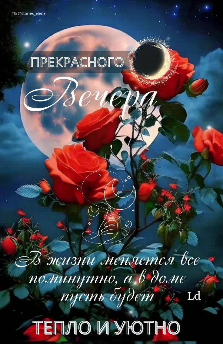 Открытка «Пожелание»: Прекрасного Вечера: розы, луна и пожелание уюта. Тэги: друг, подруга, красивая, позитив, цветок…