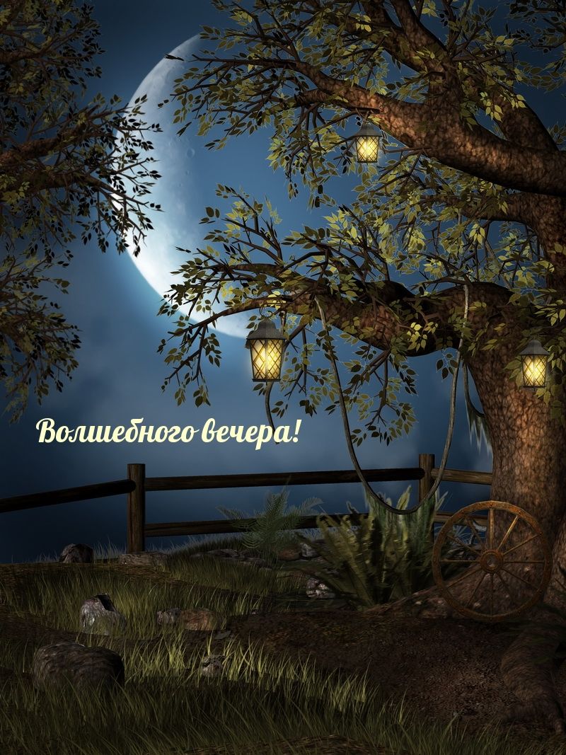 Открытка «Пожелание»: Волшебного вечера — Сказочная открытка с луной и фонарями. Тэги: красивая, фонарь, настроение…