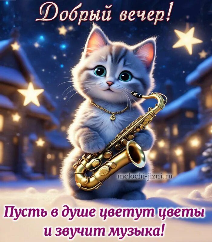 Открытка «Кот»: Добрый вечер! Кот с саксофоном и музыкальное пожелание. Тэги: животное, пожелание, улыбка, красивая…