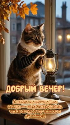 Открытка «Кот»: Добрый вечер: уют, тепло и душевность с котиком. Тэги: животное, пожелание, красивая, позитив, осень…