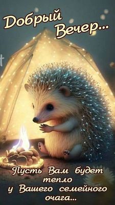 Открытка «Животное»: «Добрый вечер» с уютным ежиком и пожеланием тепла. Тэги: пожелание, позитив, радость, настроение…