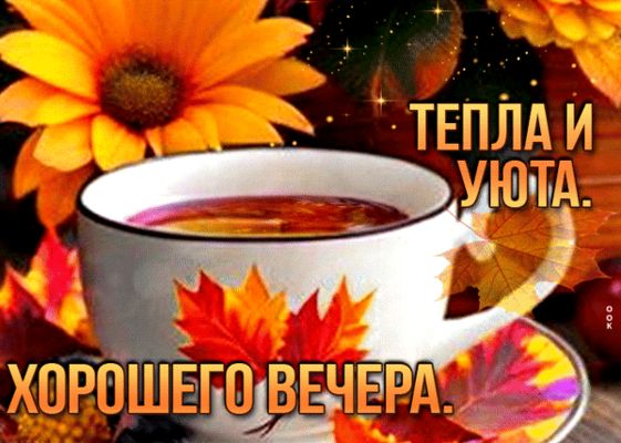 Открытка «Пожелание»: Хорошего вечера! Тепла и уюта. Тэги: красивая, кофе, позитив, радость, цветок, чай, уют, осень…