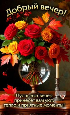 Открытка «Пожелание»: Осенний вечер: розы, уют и теплое пожелание. Тэги: красивая, позитив, цветок, осень, стол…