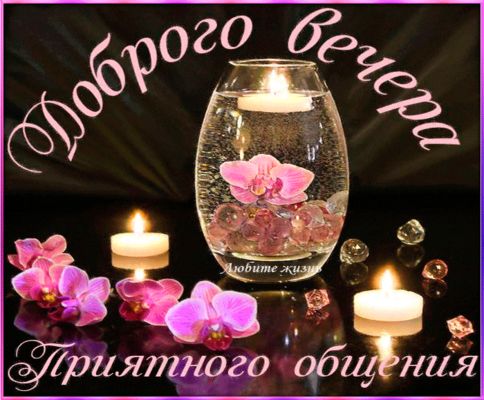 Открытка «Пожелание»: Нежная открытка «Доброго вечера» с цветами и свечами. Тэги: красивая, позитив, цветок, настроен…