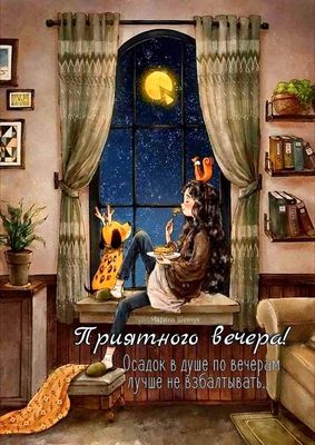 Открытка «Животное»: Приятный вечер: уют и звездное настроение. Тэги: пожелание, женщина, девушка, красивая, окно…