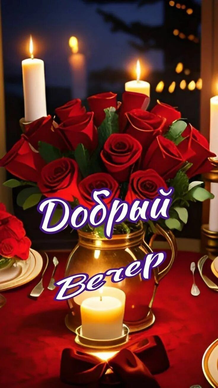 Открытка «Пожелание»: Красивый «Добрый вечер» с красными розами. Тэги: красивая, позитив, радость, цветок, стол…
