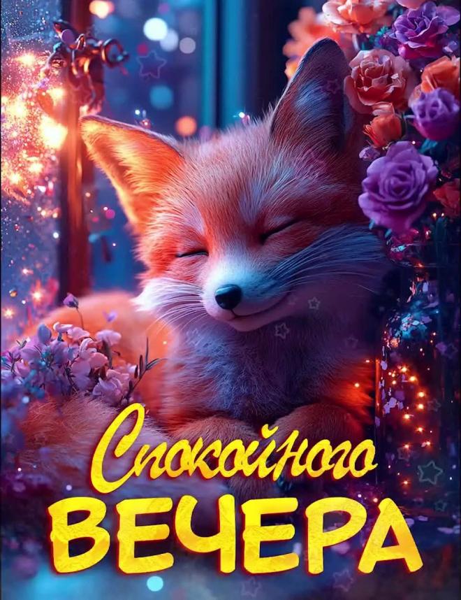 Открытка «Животное»: Спокойного Вечера: Уютная Открытка с Нежной Лисой. Тэги: пожелание, улыбка, красивая, позитив…
