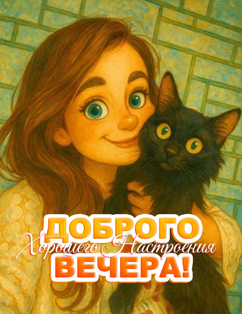 Открытка «Кот»: Доброго Вечера и настроения! Милая девушка и кот. Тэги: животное, пожелание, улыбка, девушка, красивая…