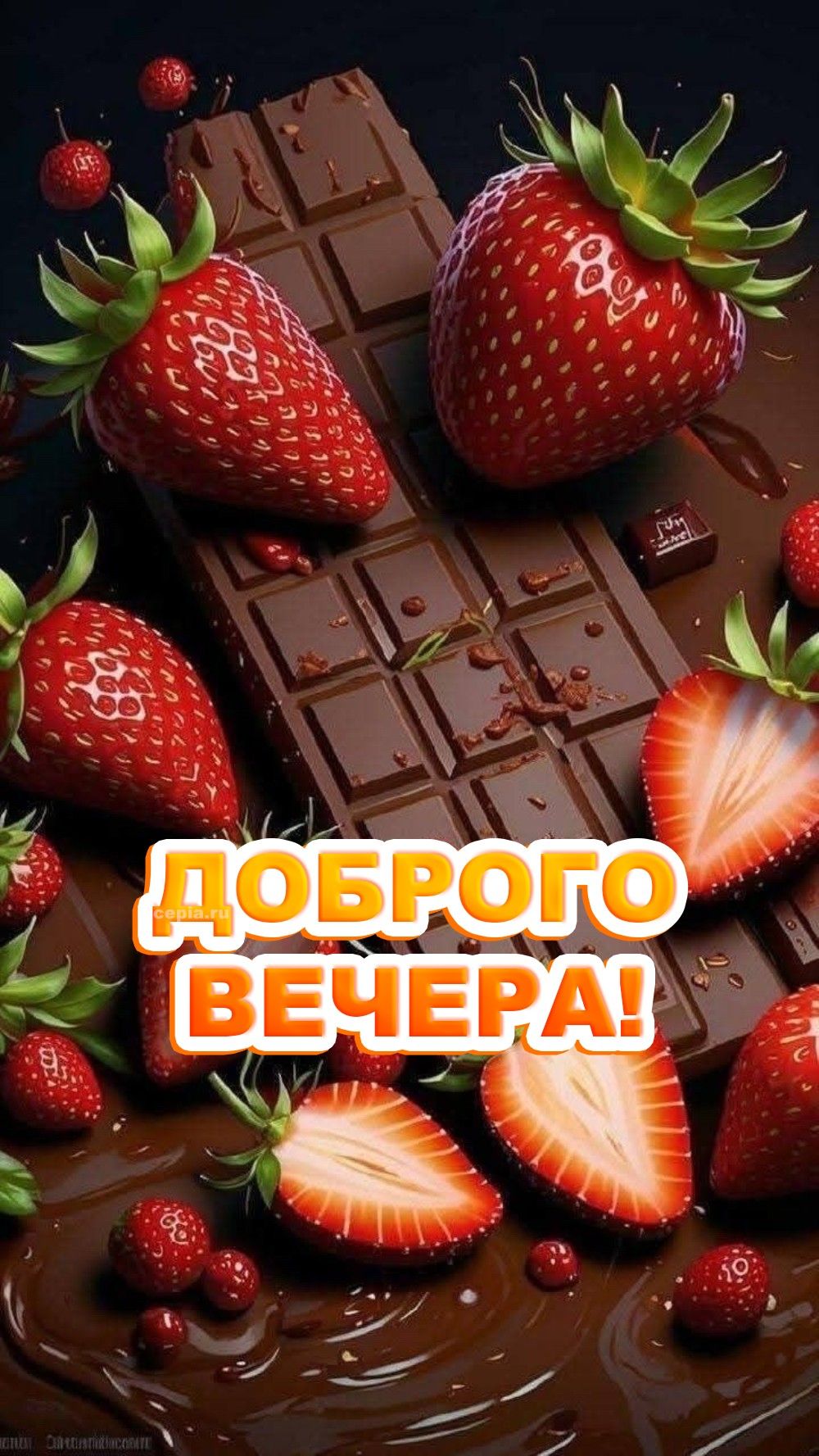Открытка «Пожелание»: Доброго вечера! Сладкий шоколад и клубника. Тэги: красивая, позитив, настроение, нежная, милая…