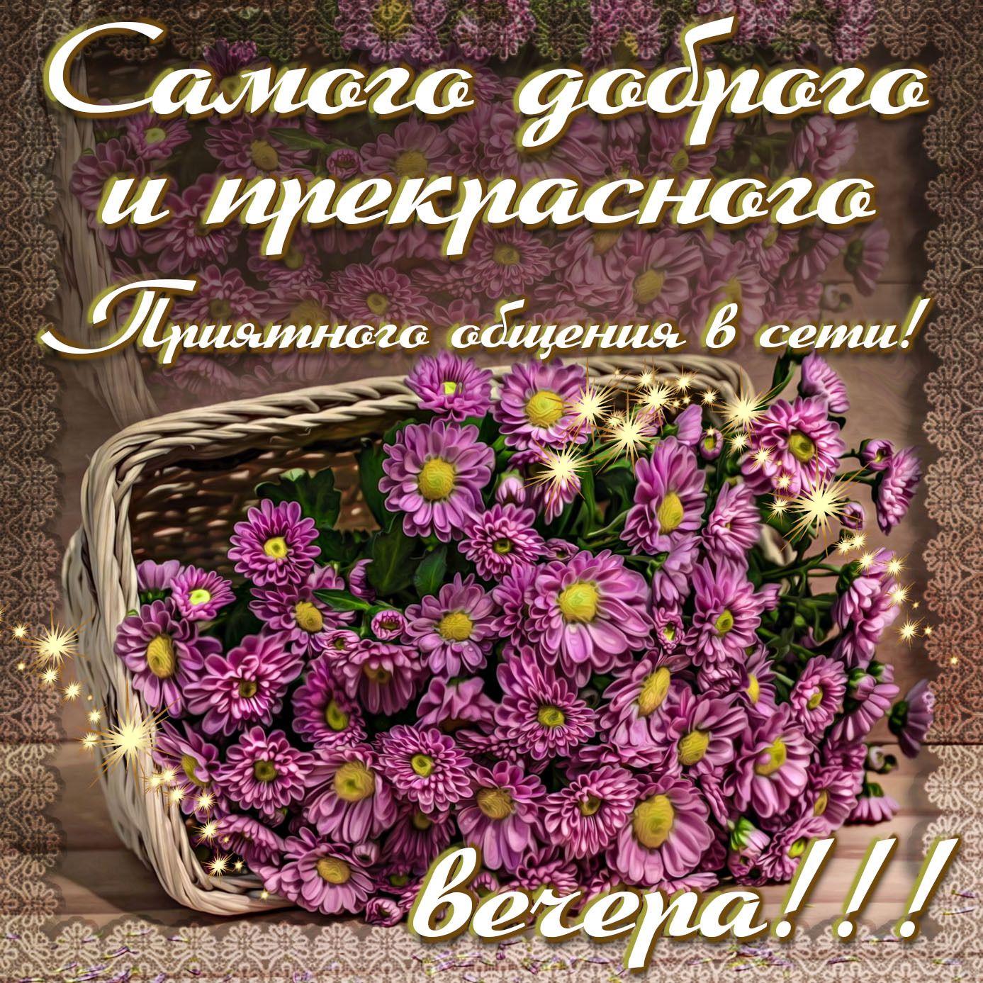 Открытка «Пожелание»: Самого доброго вечера и приятного общения!. Тэги: улыбка, красивая, позитив, радость, цветок…
