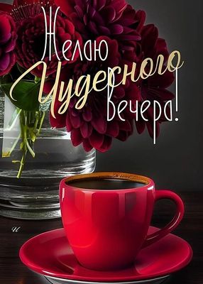 Открытка «Пожелание»: Открытка «Чудесного вечера» с цветами и кофе. Тэги: красивая, кофе, позитив, радость, цветок…