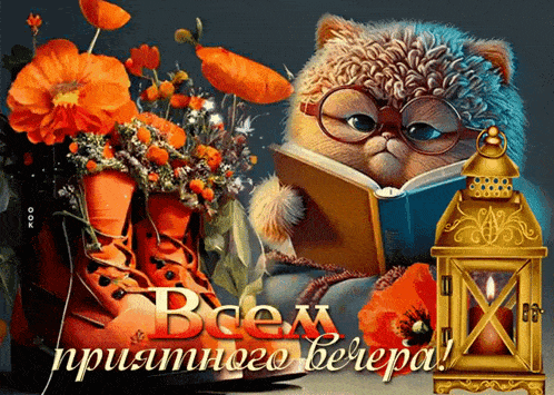 Открытка «Кот»: Всем приятного вечера! Милый кот, книга и уют. Тэги: животное, пожелание, красивая, позитив, радость…