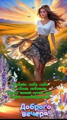 Открытка «Пожелание»: Красивая открытка «Доброго вечера» с женщиной и цветами. Тэги: женщина, девушка, красивая…
