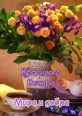 Открытка «Пожелание»: Красивого Вечера: Пожелание Мира и Добра. Тэги: красивая, позитив, цветок, чай, уют, чашка…