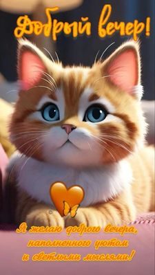 Открытка «Кот»: Добрый вечер! Уютный кот и светлые мысли. Тэги: животное, пожелание, улыбка, красивая, позитив…