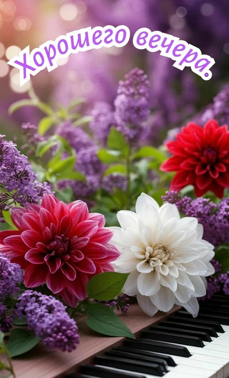 Открытка «Хорошего настроения»: Хорошего вечера – красивая открытка с цветами и пианино. Тэги: пожелание, радость…
