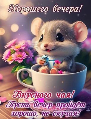 Открытка «Животное»: Хорошего вечера: милая мышка и вкусный чай!. Тэги: пожелание, красивая, позитив, радость, цветок…