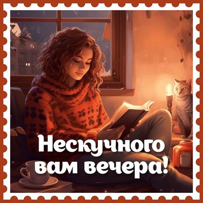 Открытка «Кот»: Нескучного вечера! Открытка с книгой и котом. Тэги: пожелание, женщина, красивая, позитив, окно, чашка…