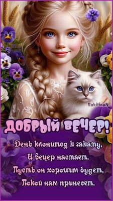 Открытка «Добрый вечер и пожелания»: «Добрый вечер» с девочкой и милым котиком. Тэги: Добрый вечер женщине, Доброго в…