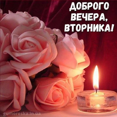 Открытка «Пожелание»: Нежного вечера вторника: розы, свеча, уют!. Тэги: улыбка, подруга, женщина, красивая, позитив…