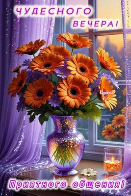 Открытка «Пожелание»: Чудесного вечера и приятного общения!. Тэги: красивая, позитив, радость, цветок, окно, настроен…