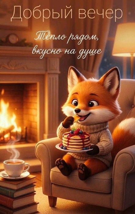 Открытка «Животное»: Уютный «Добрый вечер» с милым лисенком и блинами. Тэги: пожелание, позитив, радость, чай, настро…