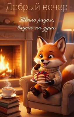 Открытка «Животное»: Уютный «Добрый вечер» с милым лисенком и блинами. Тэги: пожелание, позитив, радость, чай, настро…