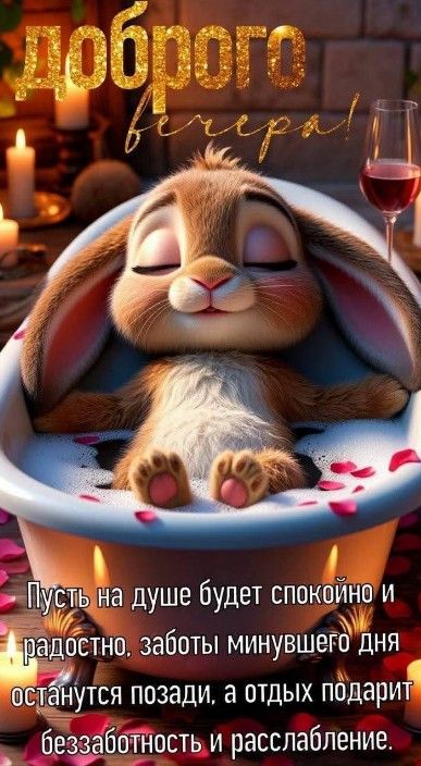 Открытка «Проза»: Доброго вечера! Милый зайчик в ванной для отдыха. Тэги: Добрый вечер и пожелания, Добрый вечер женщ…