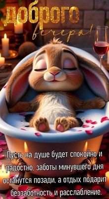 Открытка «Проза»: Доброго вечера! Милый зайчик в ванной для отдыха. Тэги: Добрый вечер и пожелания, Добрый вечер женщ…