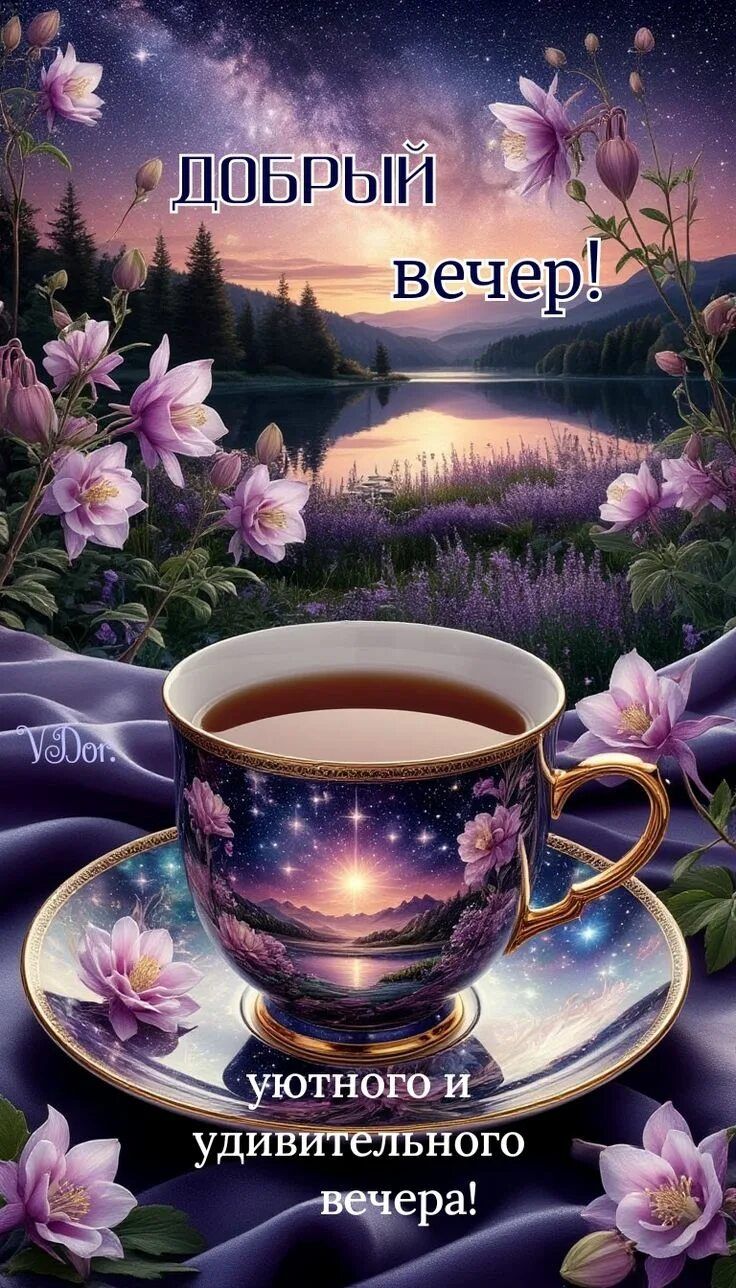 Открытка «Пожелание»: Добрый вечер! Уютный вечер с чашкой чая и звездами. Тэги: красивая, цветок, чай, чашка, настрое…