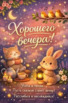 Открытка «Кот»: Хорошего вечера! Уютный и сказочный вечер. Тэги: животное, пожелание, позитив, чай, уют, фонарь…