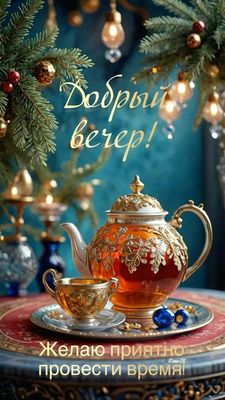 Открытка «Пожелание»: Добрый вечер! Уютное пожелание с чаем. Тэги: чай, уют, чашка, настроение, зима, праздник, чайник…