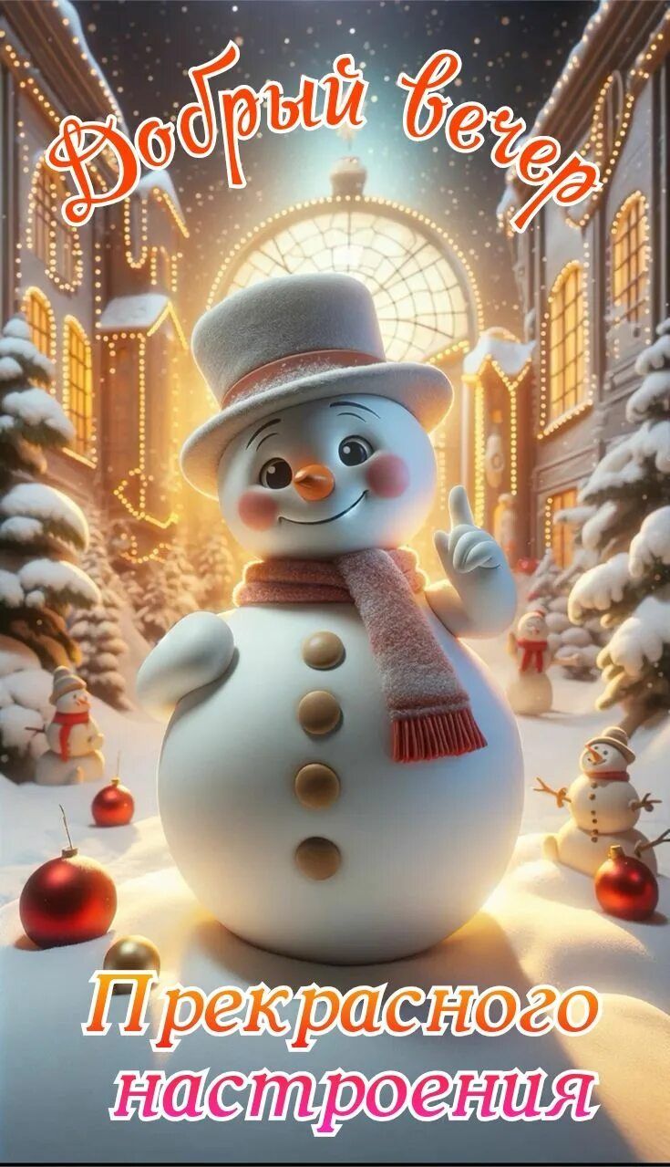 Открытка «Улыбка»: Добрый вечер: сказочный снеговик и прекрасное настроение. Тэги: шапка, шарф, красивая, позитив…