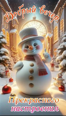 Открытка «Улыбка»: Добрый вечер: сказочный снеговик и прекрасное настроение. Тэги: шапка, шарф, красивая, позитив…
