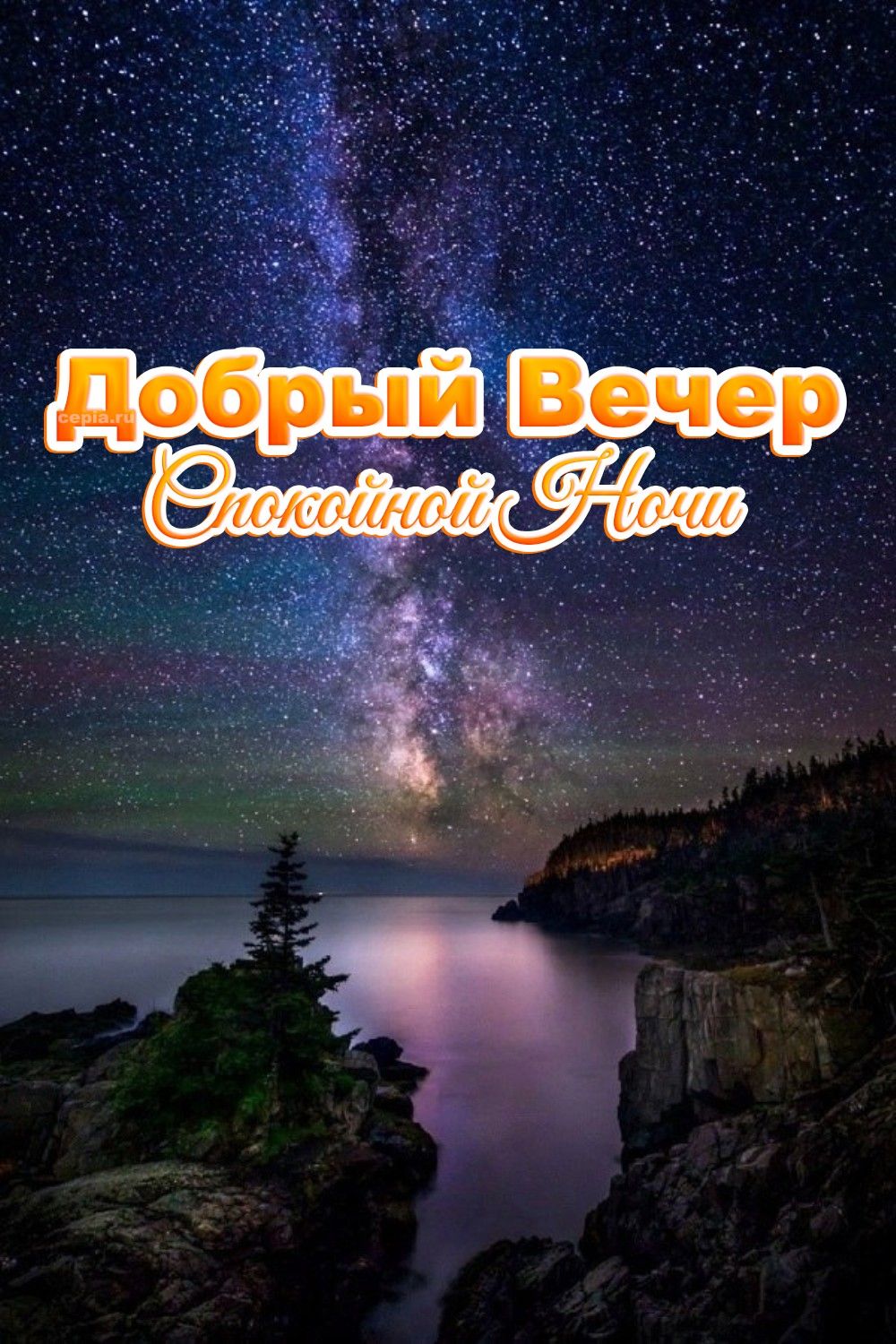 Открытка «Пожелание»: Добрый Вечер, Спокойной Ночи: звездное небо. Тэги: красивая, настроение, дерево, природа, небо…