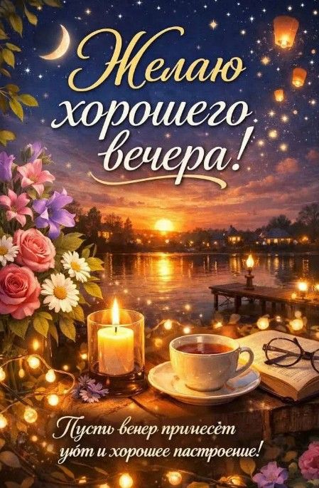 Открытка «Пожелание»: Красивая открытка: Желаю хорошего вечера и уюта. Тэги: красивая, позитив, цветок, уют, чашка…