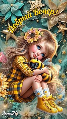 Открытка «Пожелание»: Добрый Вечер! Сказочная открытка с девочкой и пчелкой.. Тэги: улыбка, красивая, позитив, радость…