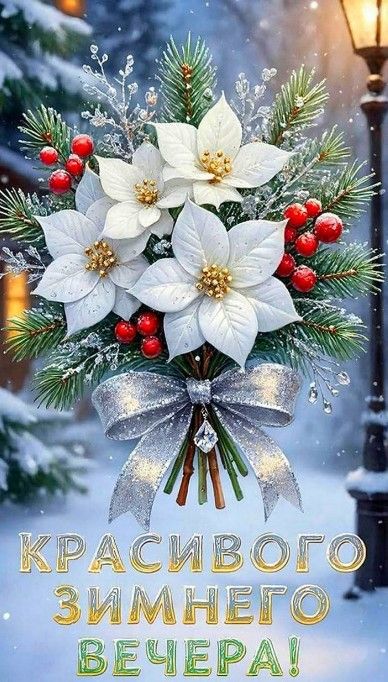 Открытка «Пожелание»: «Красивого зимнего вечера» – открытка с цветами. Тэги: красивая, позитив, цветок, фонарь…