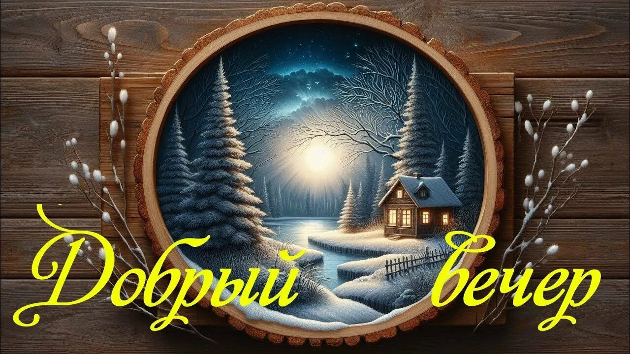 Открытка «Пожелание»: «Добрый вечер»: уютный зимний пейзаж. Тэги: красивая, настроение, зима, дерево, природа, свет…