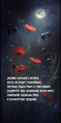 Открытка «Пожелание»: Уютный вечер: маки, луна и добрые пожелания. Тэги: красивая, позитив, радость, цветок, настроен…