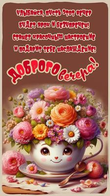 Открытка «Пожелание»: «Доброго вечера!» с цветами и милой улыбкой. Тэги: улыбка, красивая, кофе, позитив, радость…