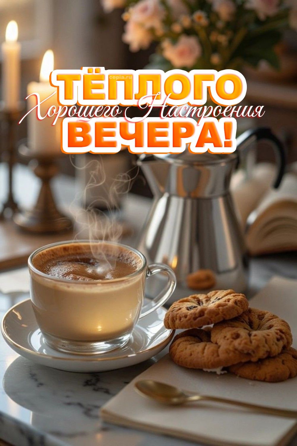 Открытка «Пожелание»: Теплого вечера и уютного настроения с кофе. Тэги: красивая, кофе, позитив, радость, цветок…