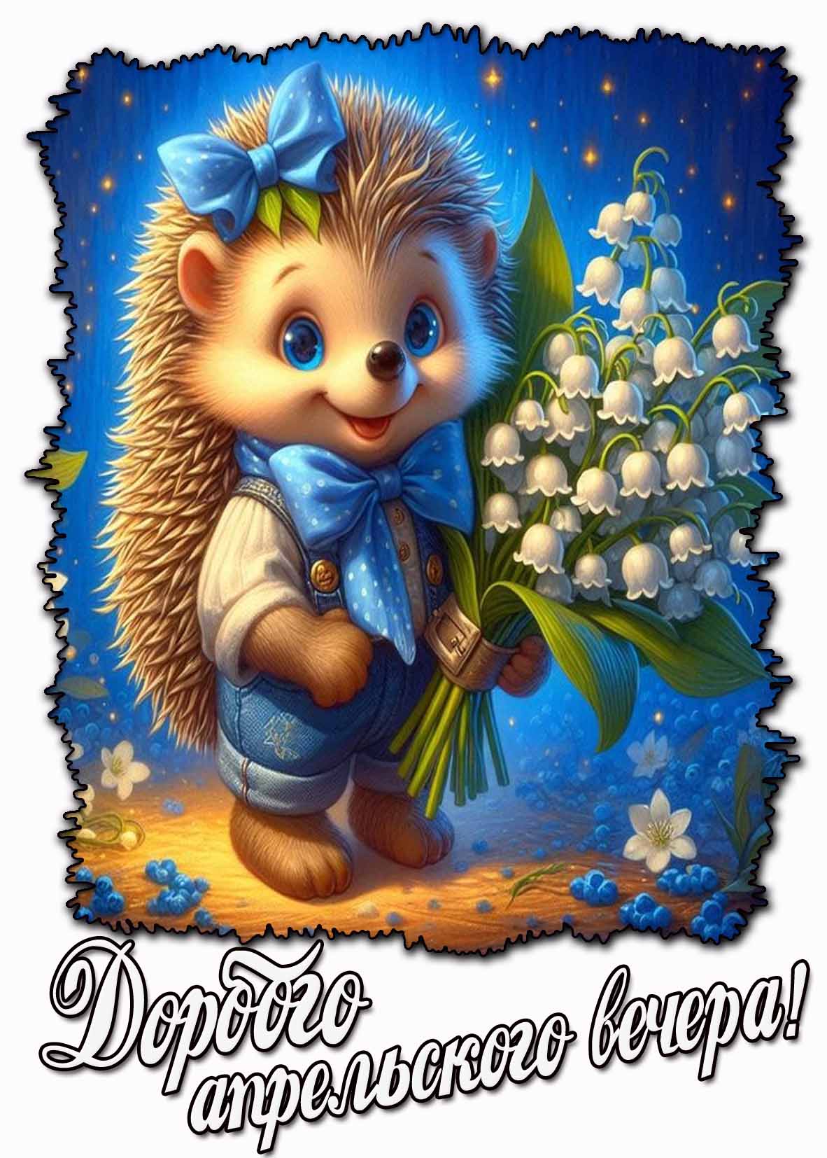 Открытка «Хорошего настроения»: Милый ёжик с ландышами. Доброго апрельского вечера!. Тэги: пожелание, рисунок, мультя…