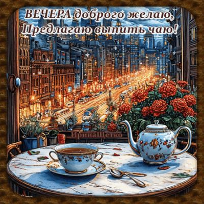 Открытка «Пожелание»: Вечера доброго желаю! Уютный чай в городе. Тэги: красивая, чай, окно, стол, чашка, настроение…