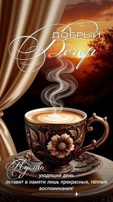 Открытка «Пожелание»: Уютный Добрый Вечер с Кофе и Пожеланием. Тэги: красивая, кофе, позитив, радость, стол, чашка…