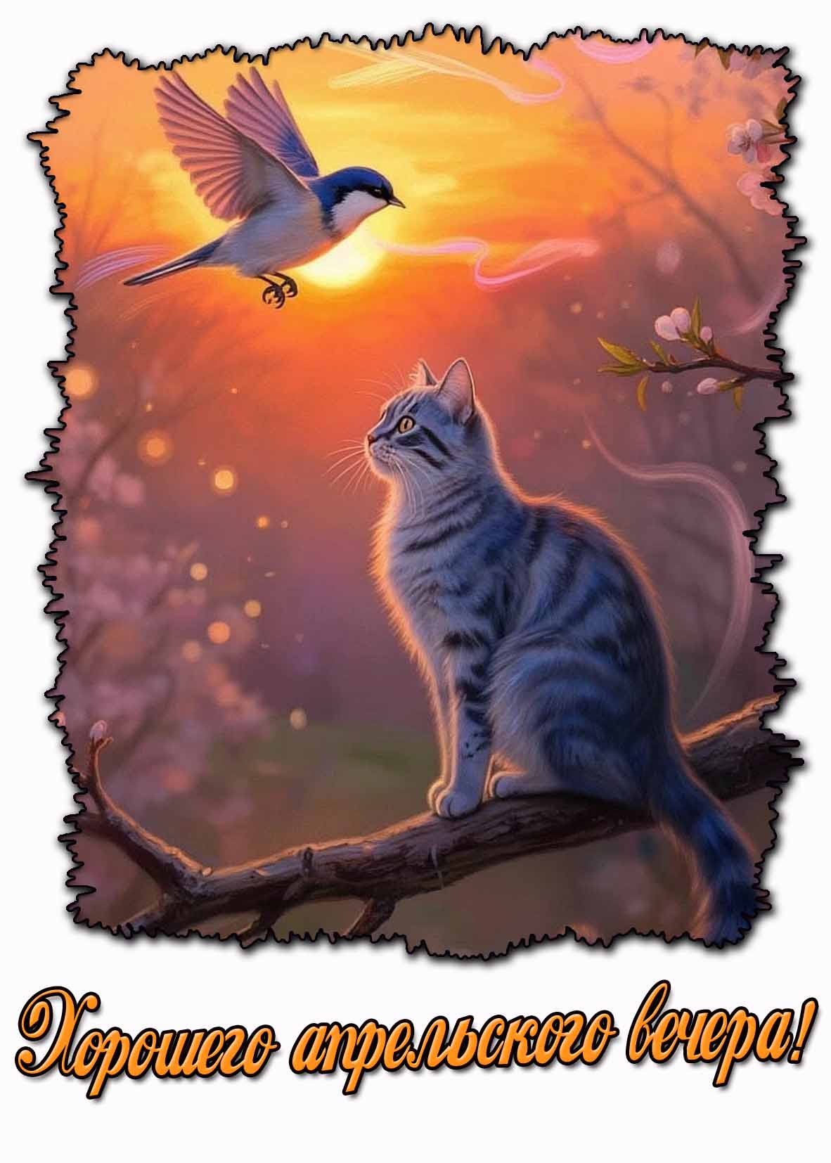 Открытка «Кот»: Хорошего апрельского вечера! Красивая весенняя открытка. Тэги: животное, пожелание, красивая, позитив…