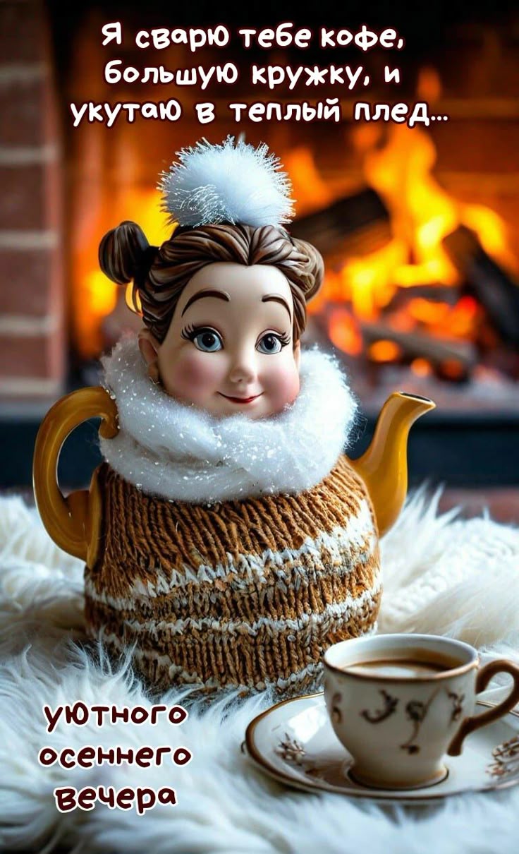 Открытка «Пожелание»: Уютного осеннего вечера: кофе и тепло. Тэги: женщина, кофе, осень, тепло, чашка, настроение…