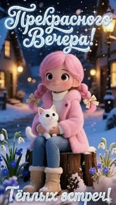 Открытка «Кот»: Милая девочка и кот: «Прекрасного Вечера!». Тэги: животное, пожелание, красивая, фонарь, настроение…