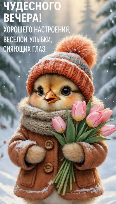 Открытка «Пожелание»: Чудесного вечера! Милая птичка с тюльпанами. Тэги: улыбка, шапка, шарф, красивая, позитив…