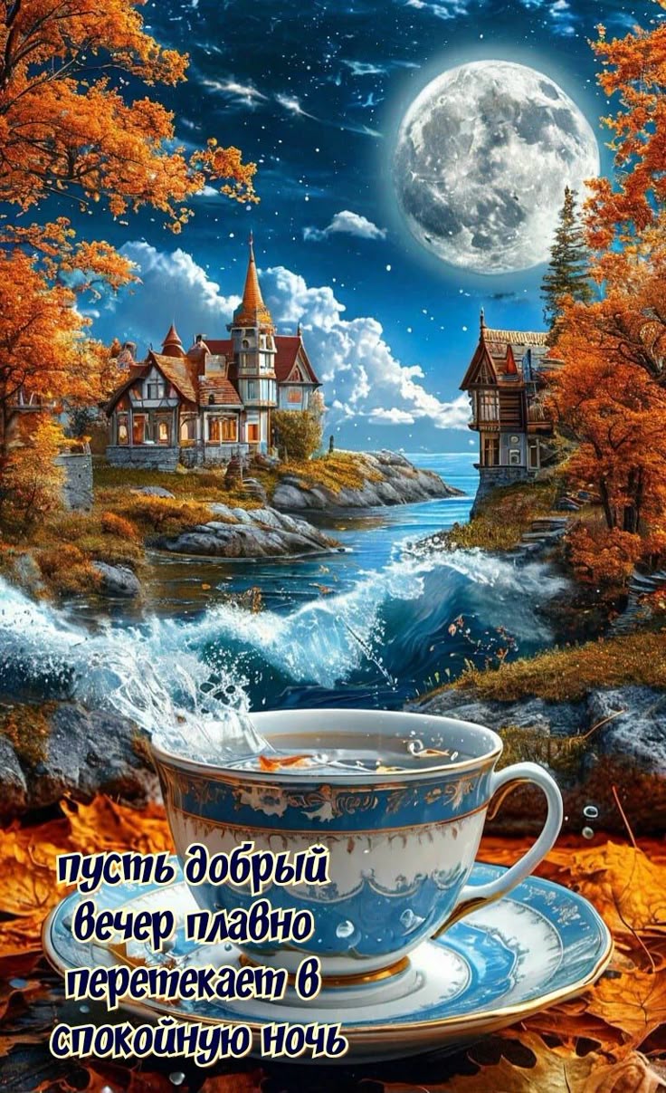 Открытка «Пожелание»: Красивый осенний вечер: плавно в ночь. Тэги: уют, осень, чашка, настроение, сказка, лист…